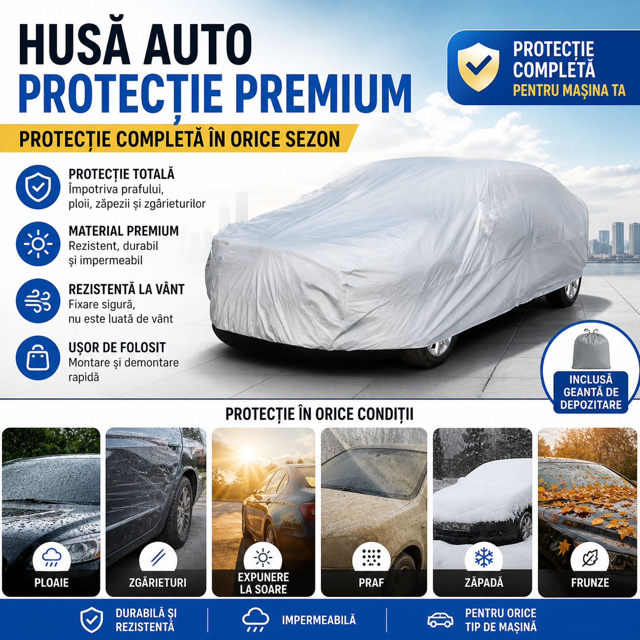Husa Auto Universala Marimea M, Impermeabila si Rezistenta UV, Protectie Totala Impotriva Ploii, Prafului si Zapezii, Potrivita pentru SUV si Sedan BAS