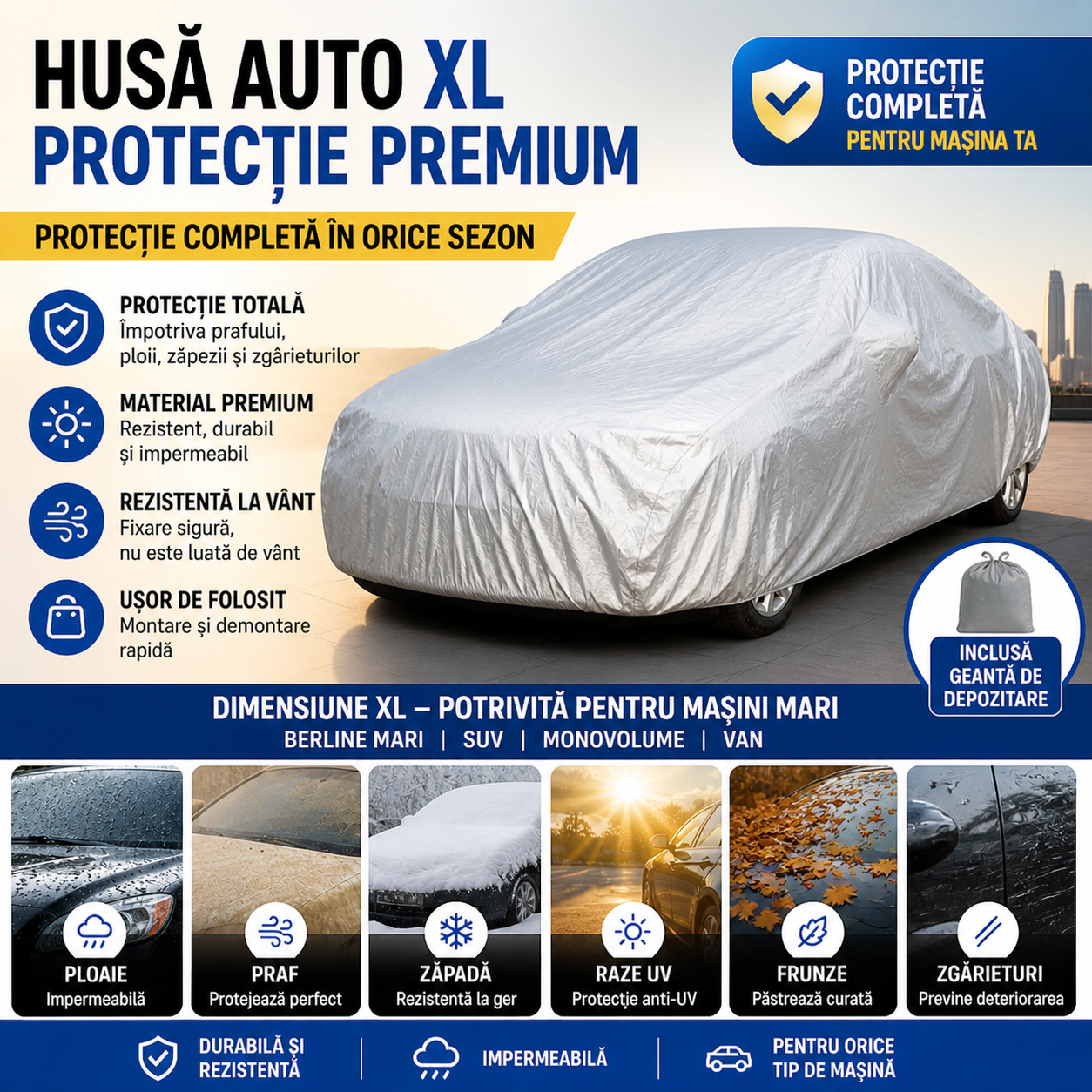 Husa Auto Universala Marimea XL, Impermeabila si Rezistenta UV – Protectie Completa Impotriva Ploii, Zapezii si Prafului, Compatibila cu SUV si Autoturisme Mari BAS