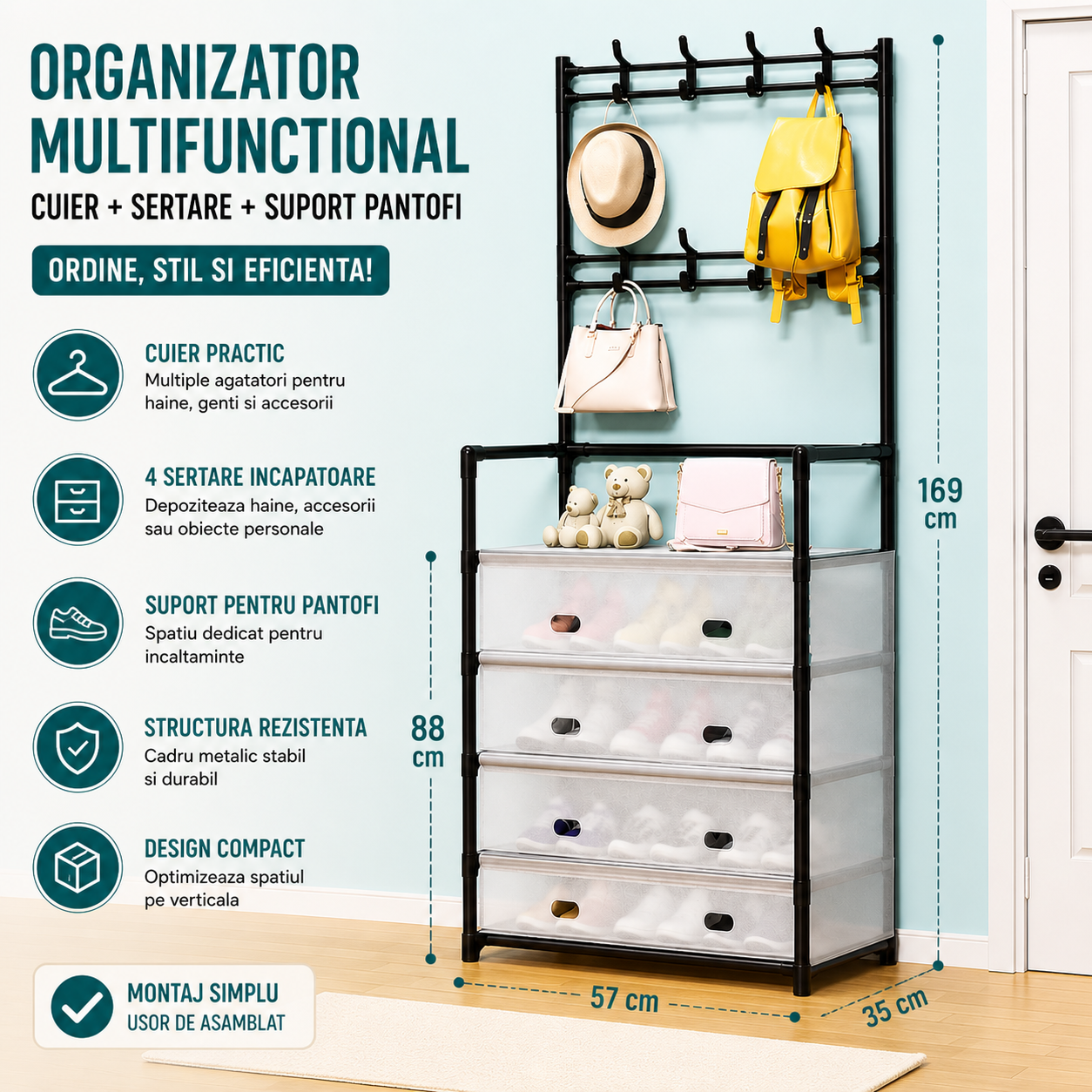 Organizator Cuier Cu Suport Pantofi 169x35x57 Cm Structura Metalica Sertare Textile Depozitare Multifunctionala Pentru Hol Si Dormitor