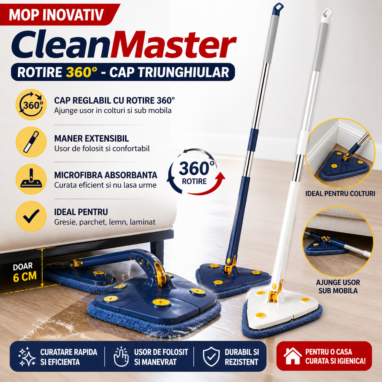Mop inovativ CleanMaster, de mana, reglabil, rotire 360, triunghi, albastru