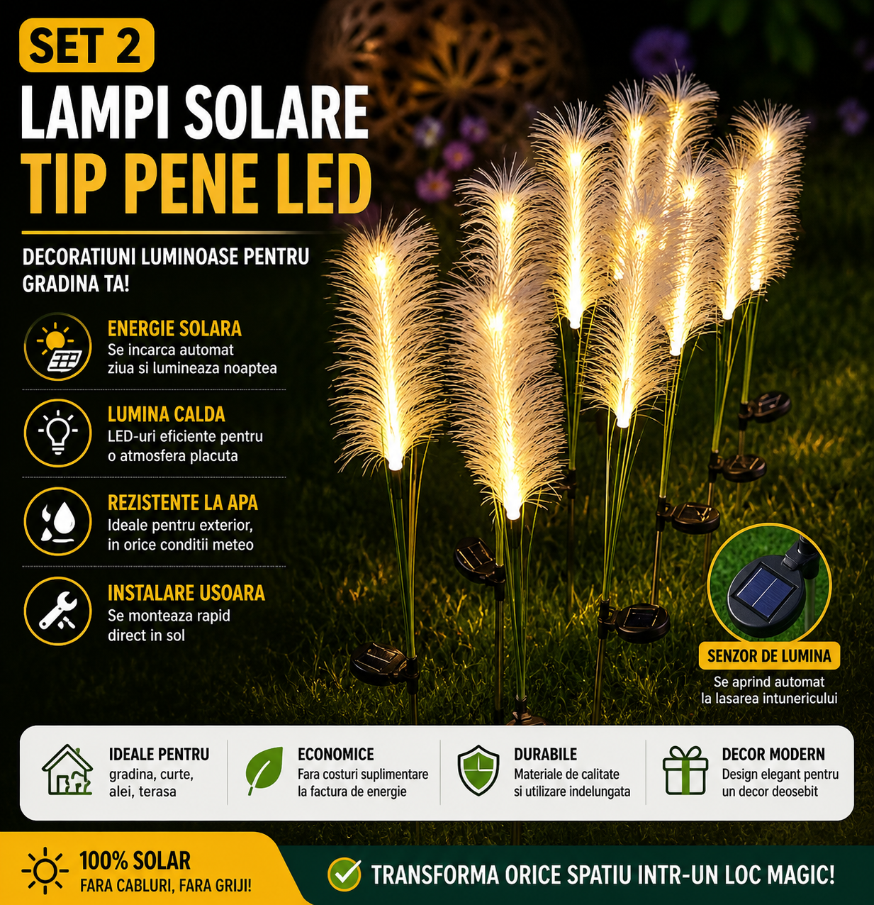 Set 2 x Lampi Solare Decorative Tip Iarba Pampas 70 Cm Cu LED Lumina Calda Rezistente IP66 Pentru Gradina Terasa Si Alei