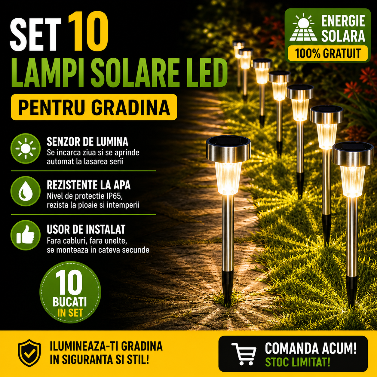 Set 10 x Lampa Solara De Gradina Inox , Tip Tarus