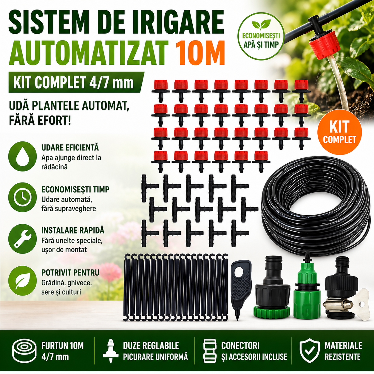 Sistem de Irigare Automatizat 10M – Kit Complet 4/7 mm pentru Plante și flori, cu Picuratori Reglabili și Accesorii Gradina