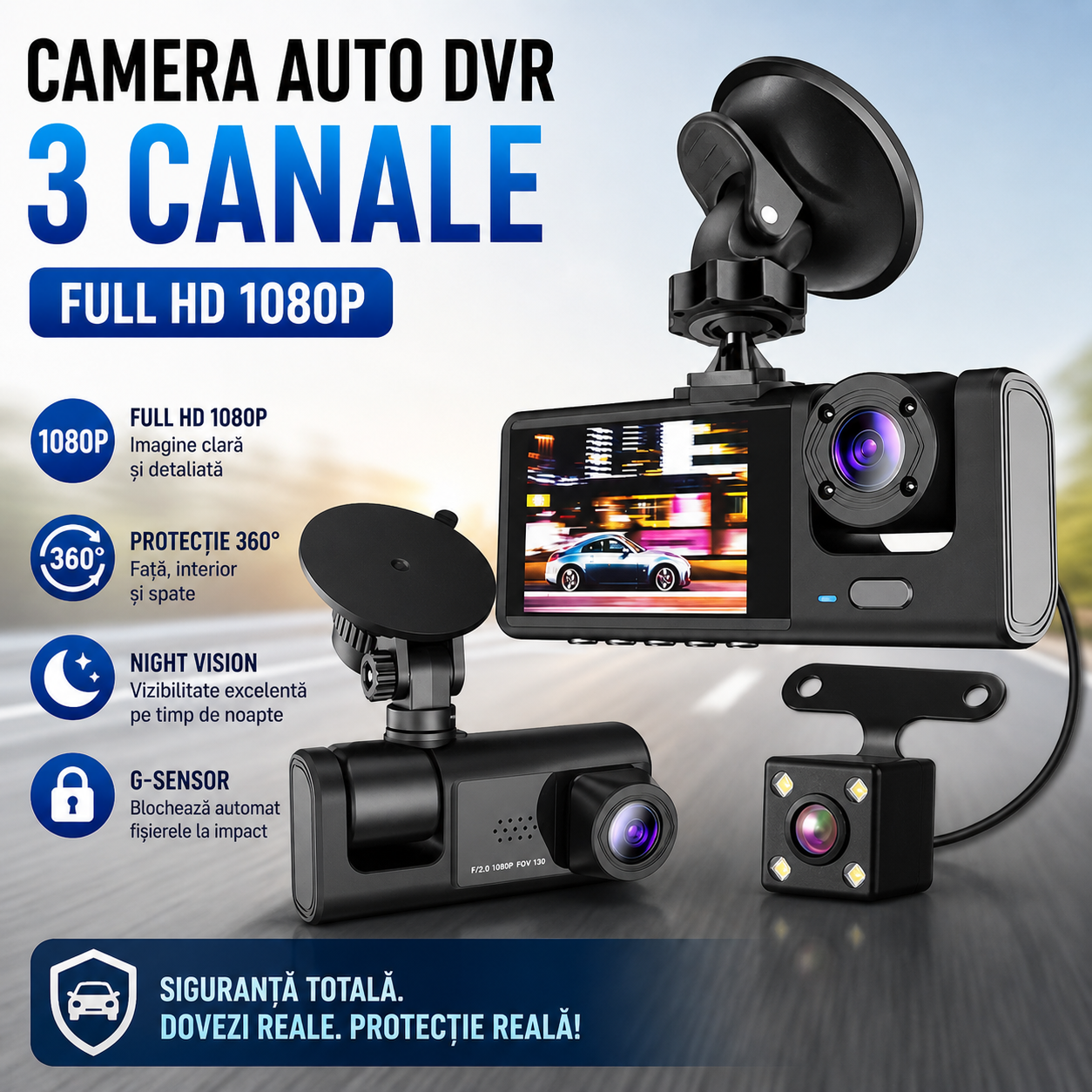 Camera Auto Tripla Full HD 1080p cu Ecran 2 Inch, Senzor de Miscare, Night Vision, Monitorizare Parcare și Filmare în Bucla