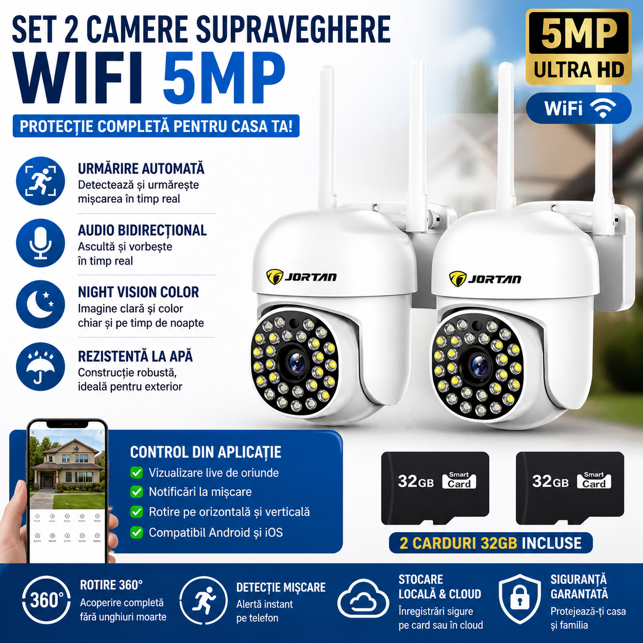 Set 2 x Camere de Supraveghere Video  Jortan, 32 Leduri, Rotative, Infrarosu, Rezistanta la apa