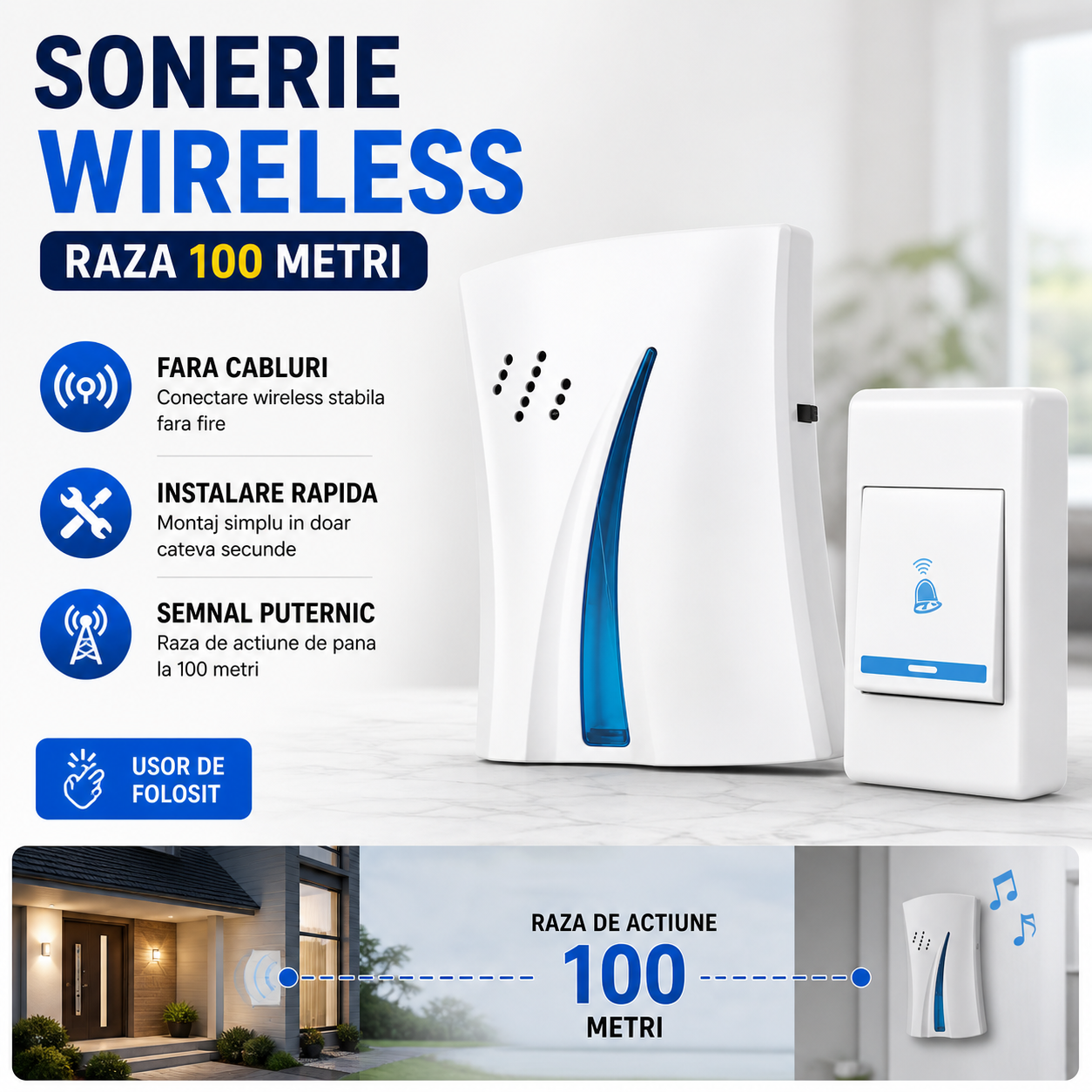 Sonerie moderna fara fir cu receptor wireless si raza de actiune 100 metri