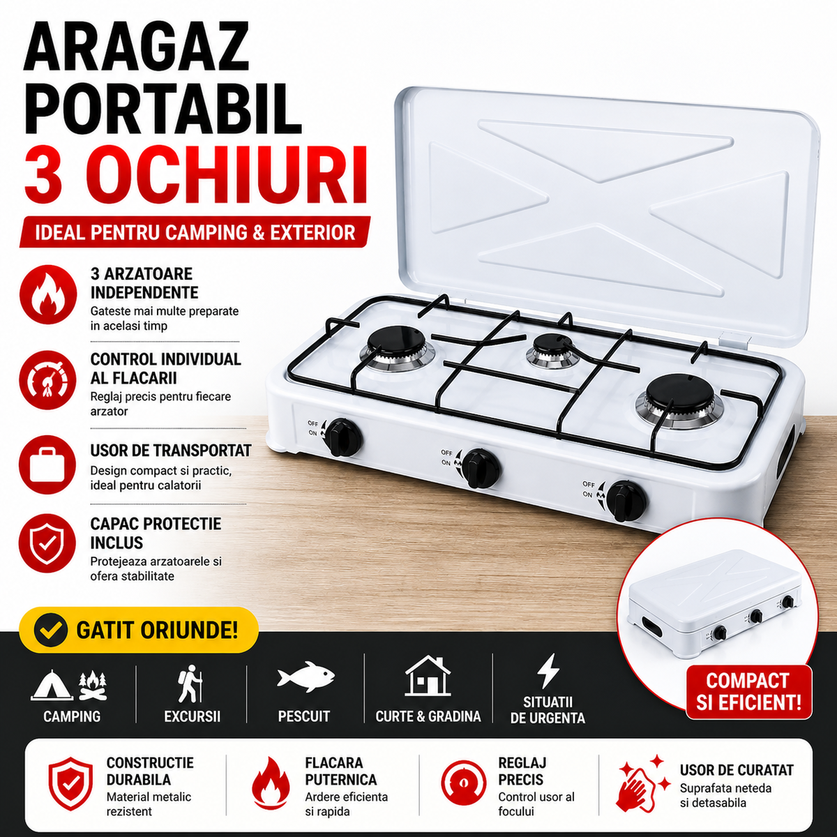 Aragaz Portabil cu 3 Arzatoare, 5.4 kW, din Otel Inoxidabil, Aprindere Manuala, Ideal Pentru Casa, Bucatarie de Vara si Spatii Comerciale BAS