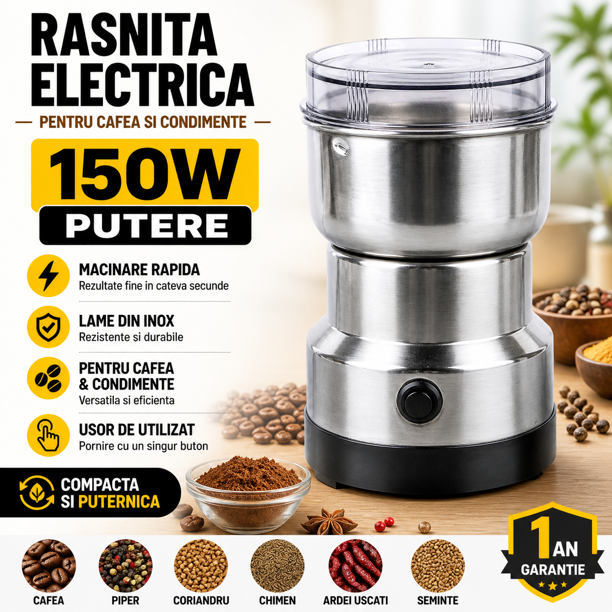 Rasnita Electrica din Inox, 150W, cu Lame de Metal