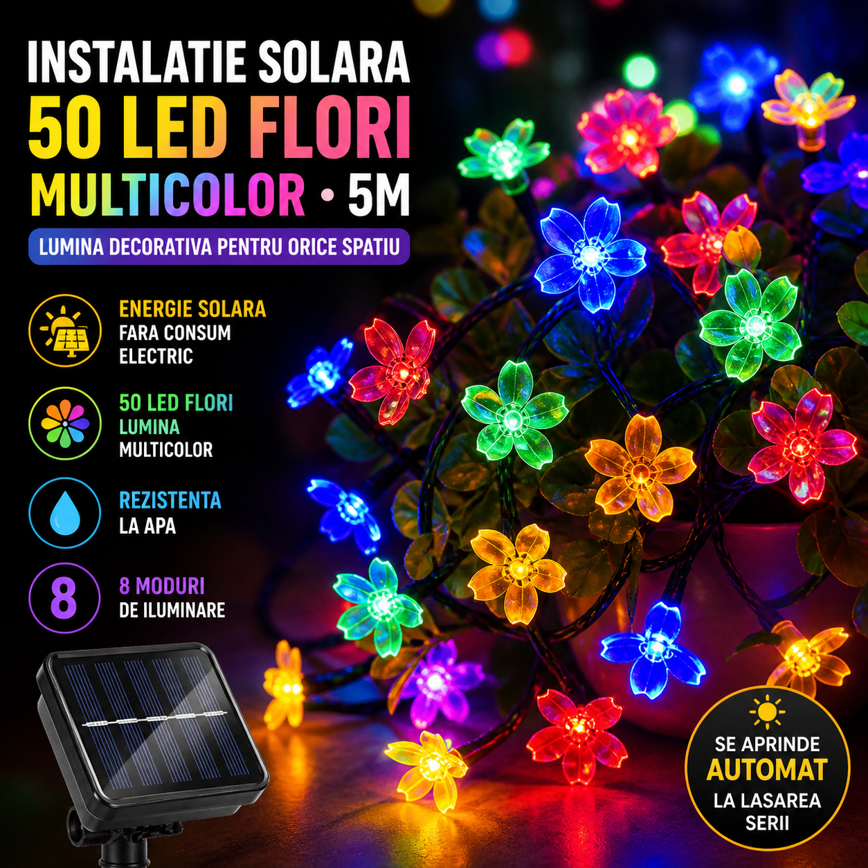 Set 2 x Decoratiune Solara 50 LED Flori Multicolor 5m – Ghirlanda Luminoasa Flori de Cires, 8 Moduri Iluminare, Rezistenta la Apa