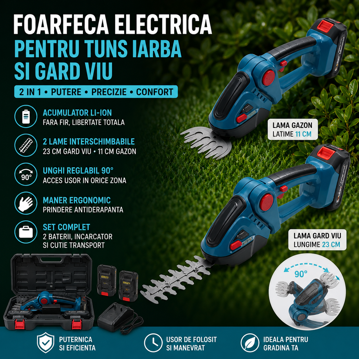 Masina de Tuns Gard Viu Fara Fir 2 in 1 cu 2 Baterii 48V, Unghi Reglabil 45 grade, Usoara si Multifunctionala pentru Gard Viu si Iarba