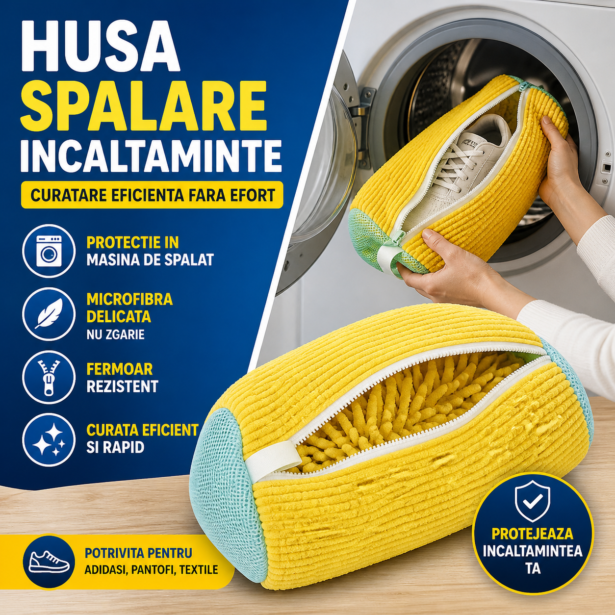 Sac pentru Spalat Incaltamintea la Masina, cu Fermoar Rezistent si Fibra Moale de Protectie 39x19 cm