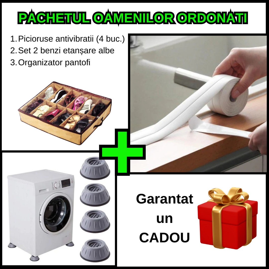 Pachetul oamenilor ordonati - Set 4 Picioruse Antivibratii pentru Masina de Spalat + Set 2 Benzi de Etansare + Organizator Rotund pentru 12 Perechi de Incaltaminte